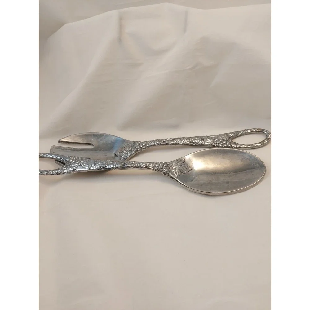 Vintage Lenox Salad Spoon Fork Server Set Aluminum Grapes Leaves 11.5”